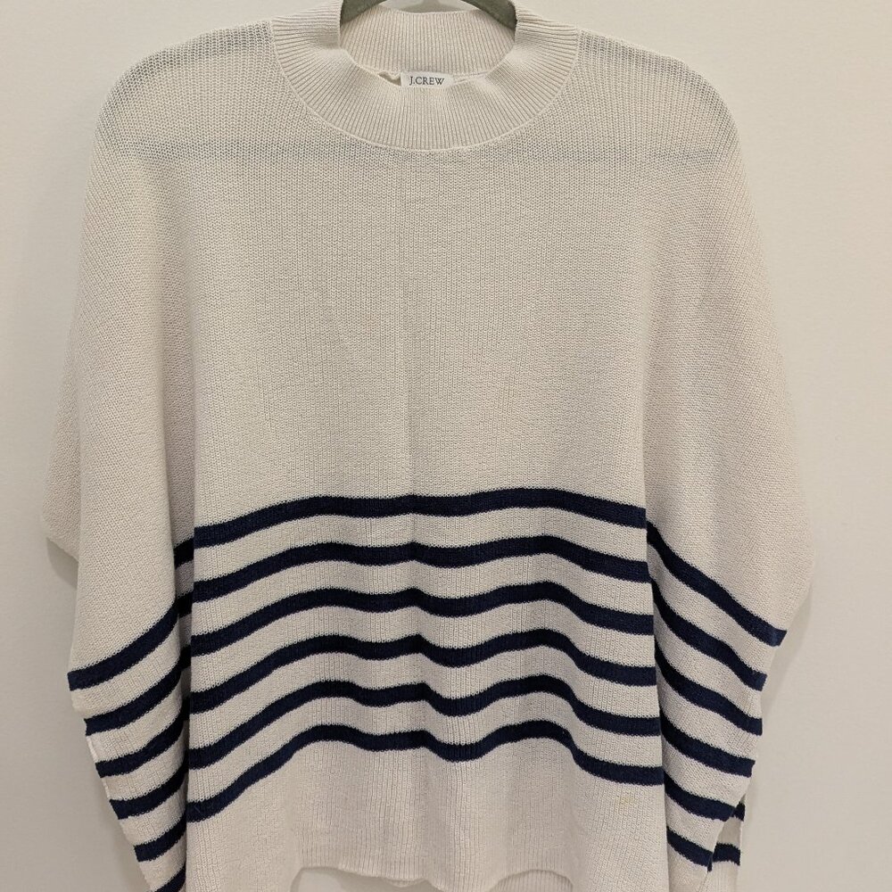 J Crew White with Navy Stripes Crewneck Poncho Sweater